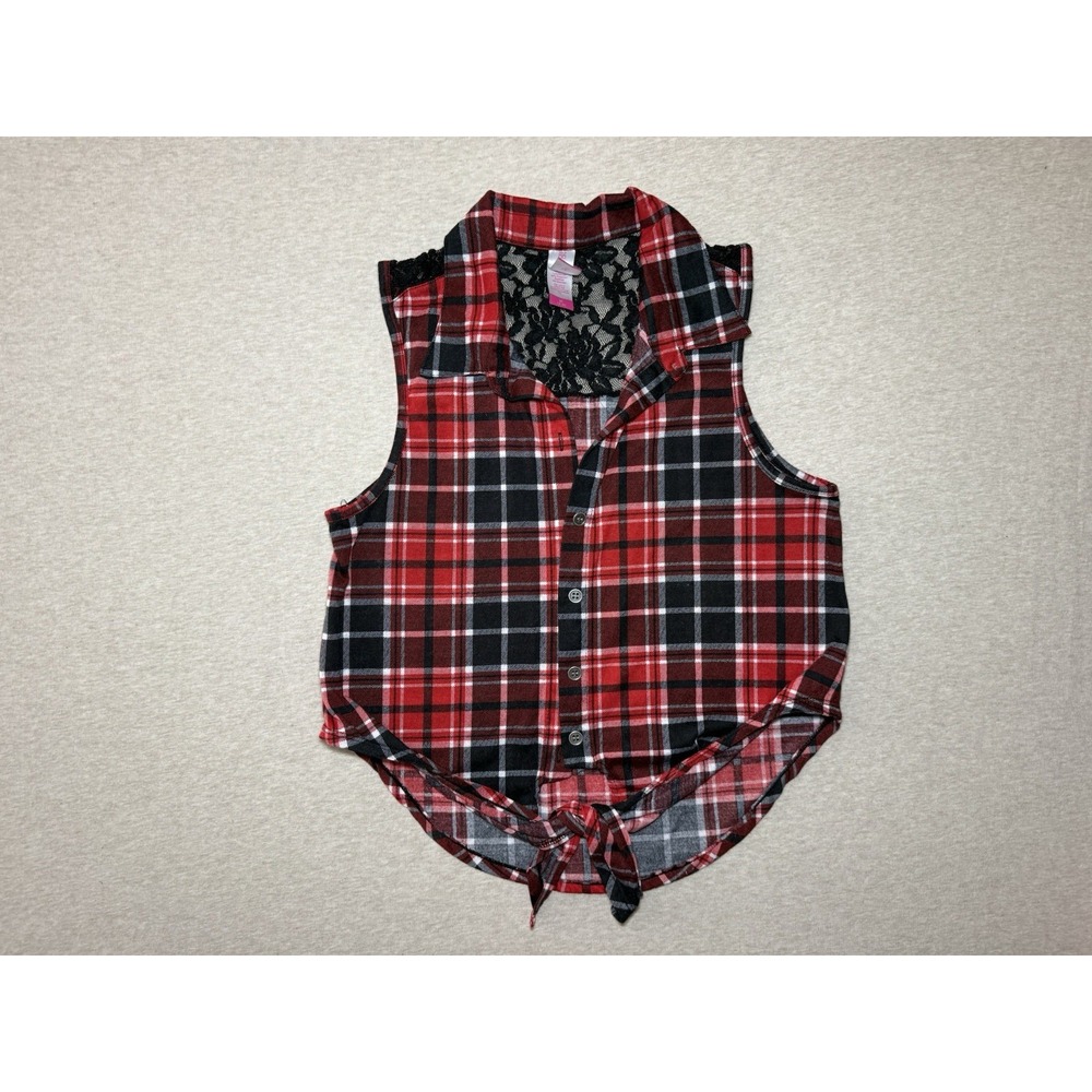 No Boundaries Girl Shirt Medium 7-9 No Sleeve Flannel Button Up Red/black